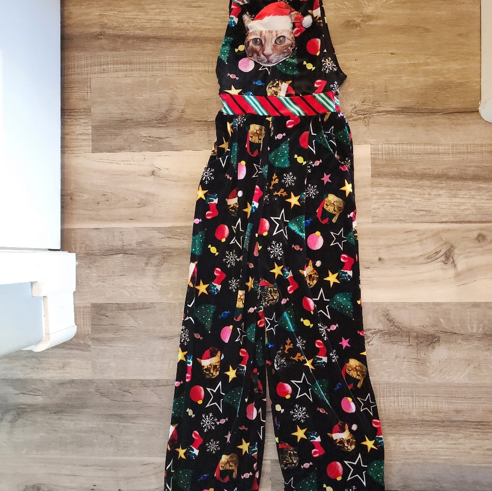 Festive Black Cat Ugly Jumpsuit with Holiday Print - Picture 6 of 8